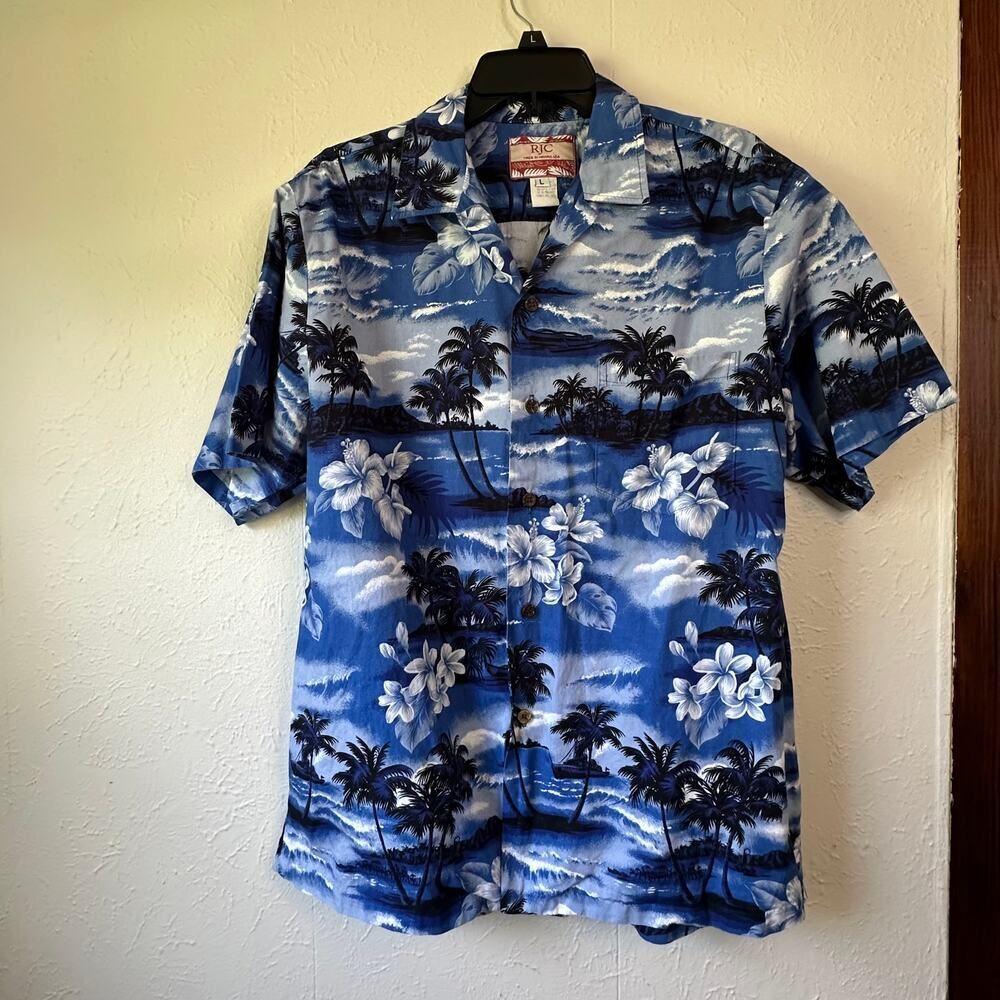 RJC Short Sleeve Hawaiian Shirt Blue Ocean Floral Palms Palm Tree L Made In USA